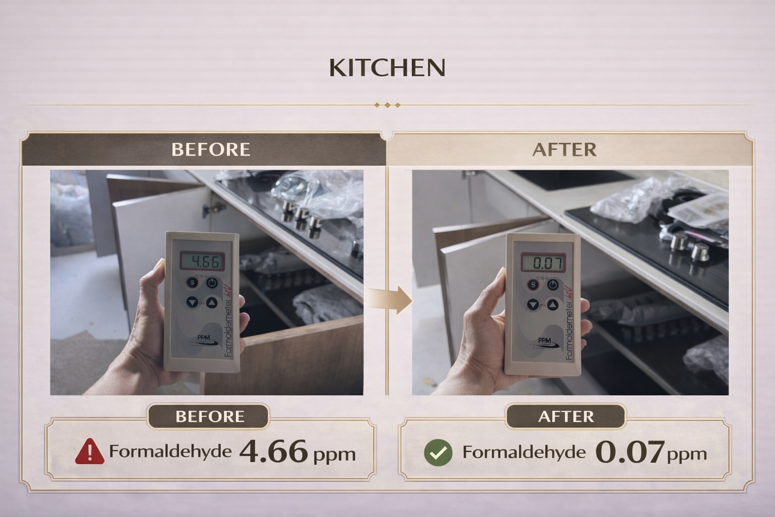 Formaldehyde meter held in a Singapore kitchen showing 4.66 ppm before UCOATE spray treatment and 0.07 ppm after
