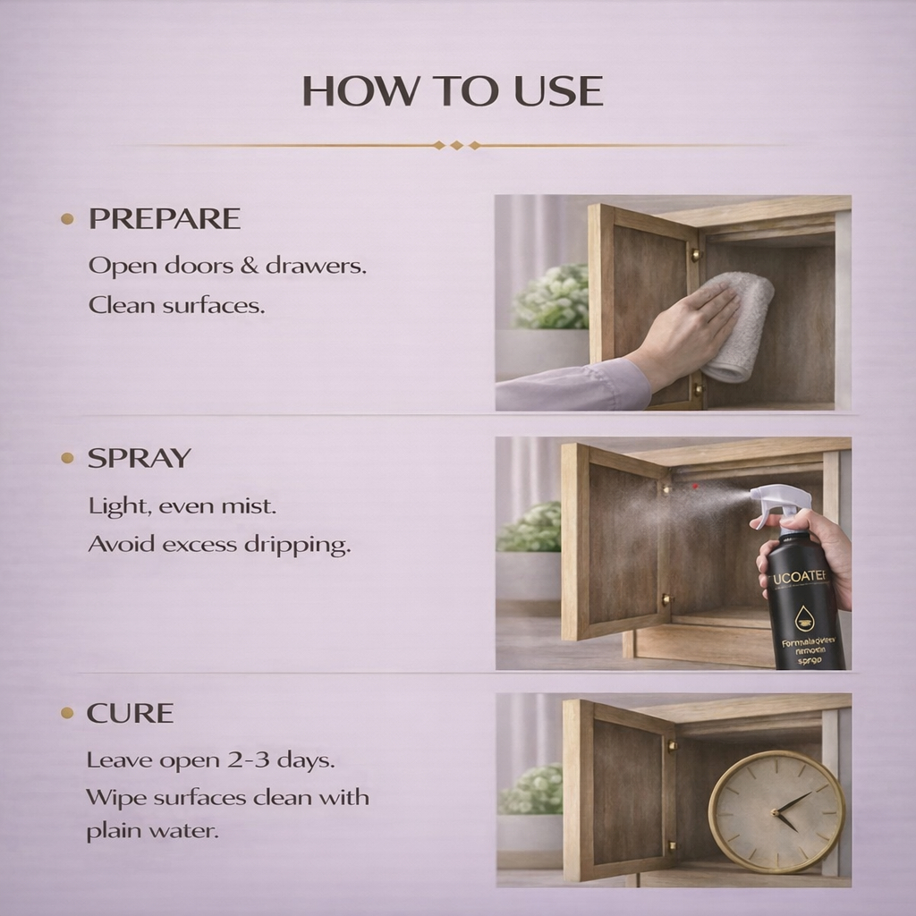 Three steps for using UCOATE formaldehyde removal spray: prepare the surface, spray a light mist, leave open to cure